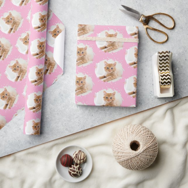 Cute Cat Lovers Personalised Photo Pattern Pink Wrapping Paper (Crafts)