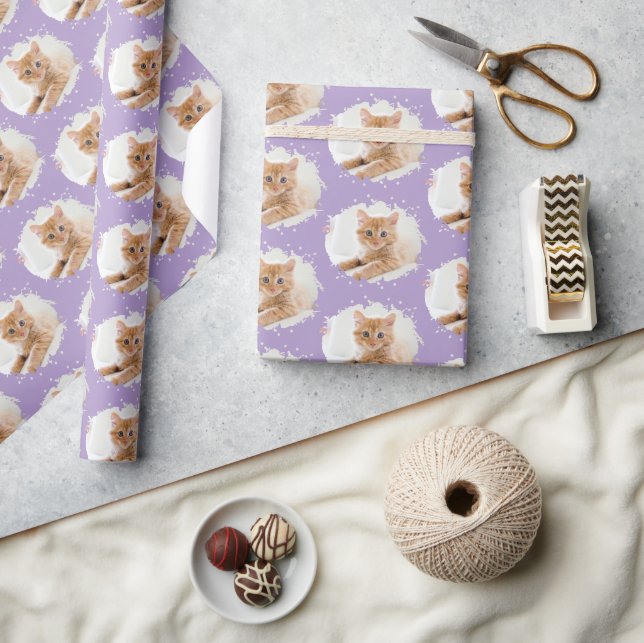 Cute Cat Lovers Personalised Photo Pattern Purple Wrapping Paper (Crafts)