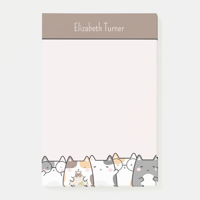 Cute Cat Lovers Pink and Brown Kids Personalised Post-it Notes (Front)