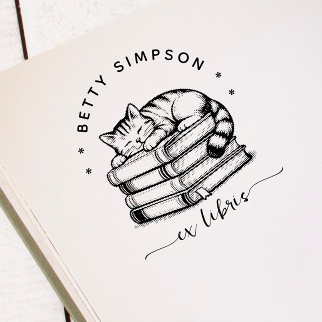 Cute cat lying on a book stack Custom ex libris  Self-inking Stamp (Creator Uploaded)