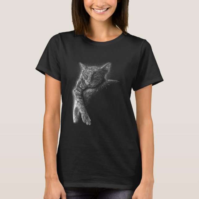 Cute cat lying on moon graphic for men women child T-Shirt (Front)