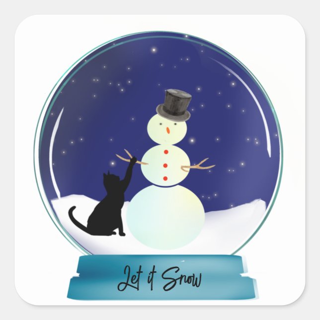 Cute Cat Making a Snowman Christmas Snow Globe Square Sticker (Front)