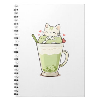 Cute Cat Matcha Boba Drink Kawaii Design Notebook