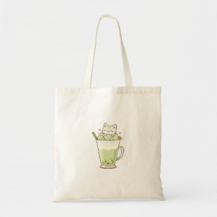 Cute Cat Matcha Boba Drink Kawaii Design Tote Bag