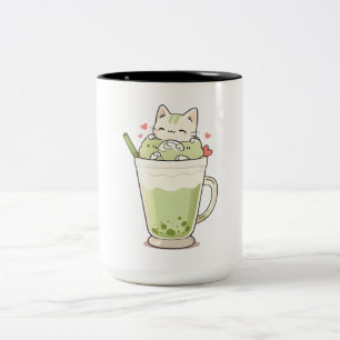 Cute Cat Matcha Boba Drink Kawaii Design Two-Tone Coffee Mug