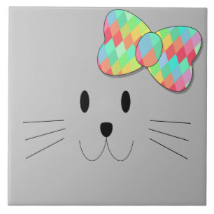 Cute Cat Meow Rainbow Bow Grey Glitter Kitty Kids Ceramic Tile
