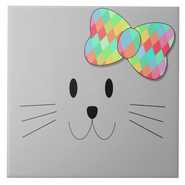 Cute Cat Meow Rainbow Bow Grey Glitter Kitty Kids  Ceramic Tile (Front)