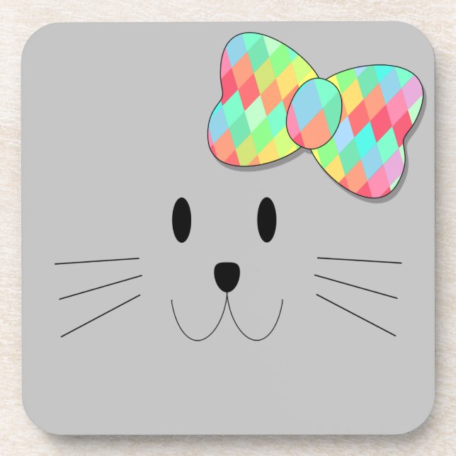 Cute Cat Meow Rainbow Bow Grey Glitter Kitty Kids  Coaster (Front)
