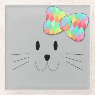 Cute Cat Meow Rainbow Bow Grey Glitter Kitty Kids Glass Coaster