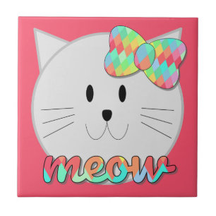 Cute Cat Meow Rainbow Bow Pink Glitter Kitty Kids Ceramic Tile
