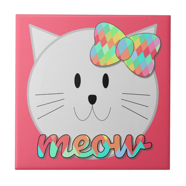 Cute Cat Meow Rainbow Bow Pink Glitter Kitty Kids Ceramic Tile (Front)