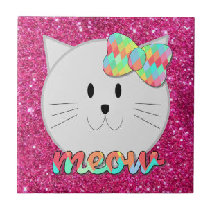 Cute Cat Meow Rainbow Bow Pink Glitter Kitty Kids Ceramic Tile