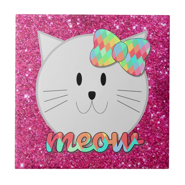 Cute Cat Meow Rainbow Bow Pink Glitter Kitty Kids Ceramic Tile (Front)
