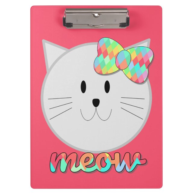 Cute Cat Meow Rainbow Bow Pink Glitter Kitty Kids Clipboard (Front)