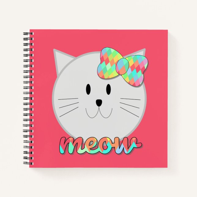 Cute Cat Meow Rainbow Bow Pink Glitter Kitty Kids Notebook (Front)
