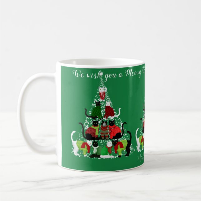 Cute Cat Meowy Christmas Tree Personalised  Coffee Mug (Left)