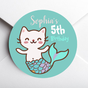 Cute Cat Mermaid Meowmaid Purrmaid  Girl Birthday Classic Round Sticker