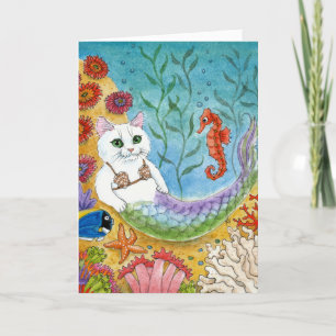 Cute cat mermaid mercat seahorse card