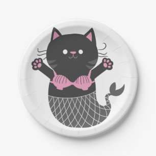 Cute cat mermaid silhouette - Choose back color Paper Plate