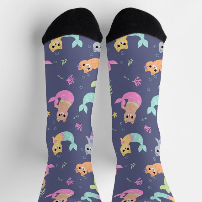 Cute Cat Mermaids Colourful Illustration Pattern Socks (Top)