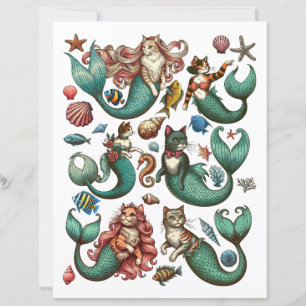 Cute Cat Mermaids paper dolls sealife fantasy art