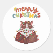 cute cat Merry Christmas Classic Round Stickers