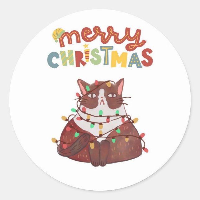 cute cat Merry Christmas Classic Round Stickers (Front)