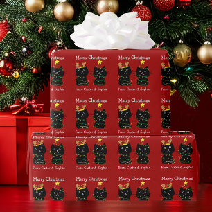 Cute Cat Merry Christmas Lights Personalised Red Wrapping Paper