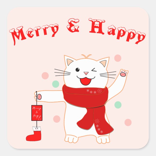 Cute Cat Merry & Happy | Cute Christmas Sticker (Front)