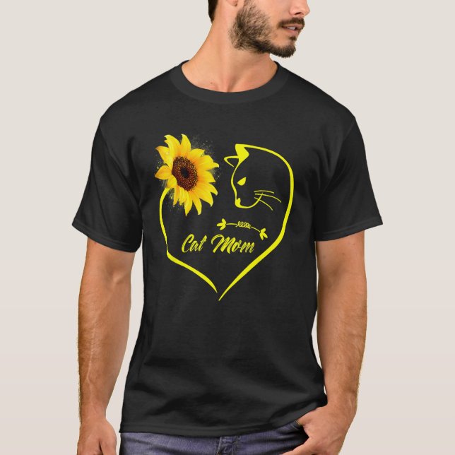 Cute Cat Mom Sunflower Heart Love Mothers Day  Cat T-Shirt (Front)