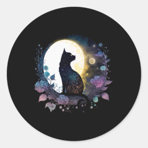 Cute Cat Motif Cat In Moonlight Cat Classic Round Sticker