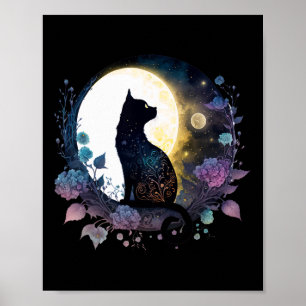 Cute Cat Motif Cat In Moonlight Cat  Poster