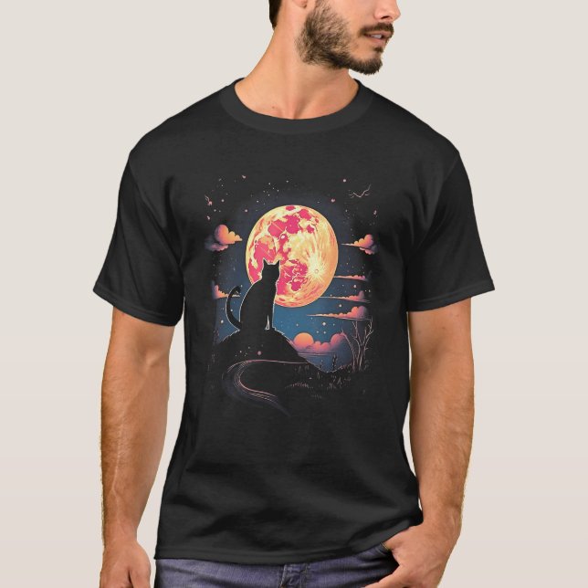 Cute Cat Motifs Cat With Moon Night Space Cat  Des T-Shirt (Front)