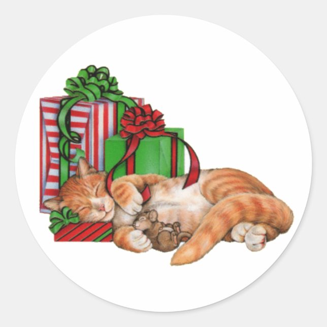 Cute Cat, Mouse and Christmas Presents Classic Round Sticker (Front)