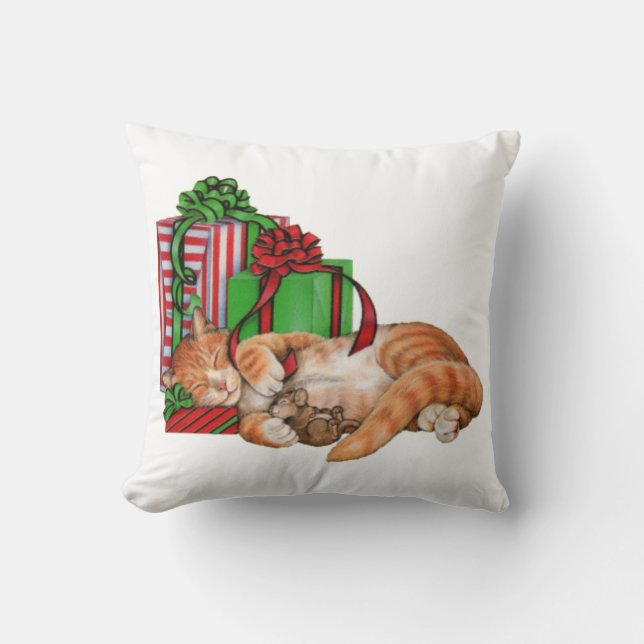 Cute Cat, Mouse and Christmas Presents Cushion (Front)