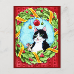 Cute cat, mouse Christmas wreath postcard