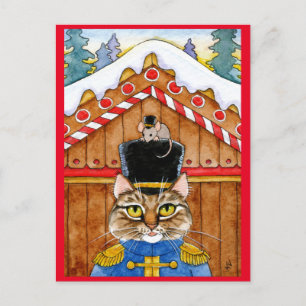 Cute cat, mouse nutcracker gingerbread postcard