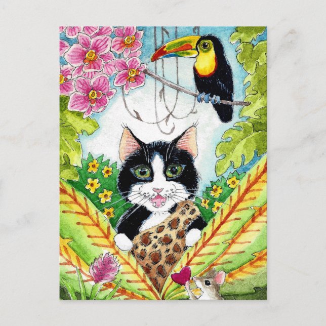 Cute Cat mouse orchid toucan postcard (Front)