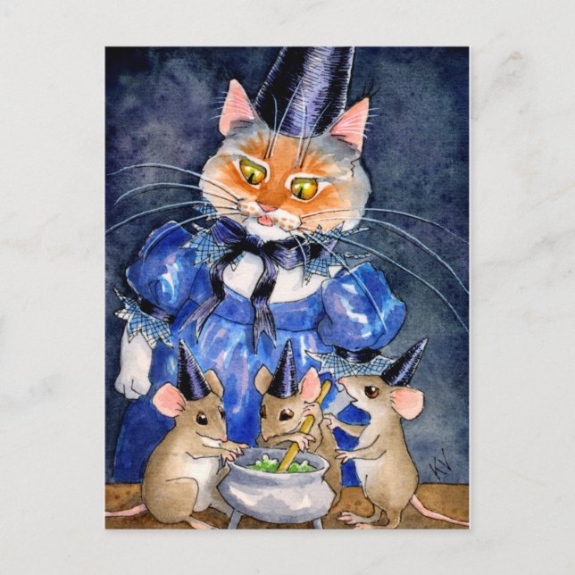 Cute Cat Mouse Witch Halloween autumn cauldron Postcard (Front)