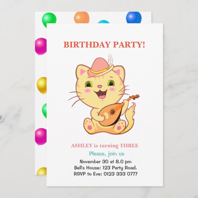 Cute Cat & Multicolored Balloons Birthday Invitation (Front/Back)