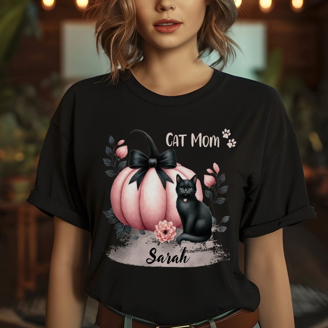Cute Cat Mum Halloween Personalised Pink T-Shirt (Creator Uploaded)