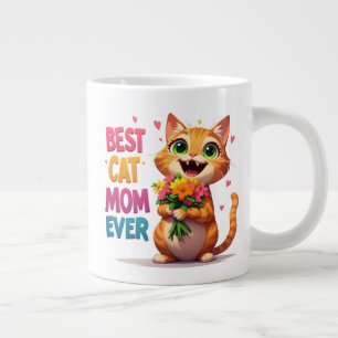 Cute Cat Mum Holding Flowers And Hearts 🐱 Large Coffee Mug
