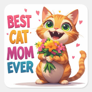 Cute Cat Mum Holding Flowers And Hearts 🐱 Square Sticker
