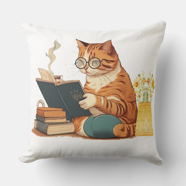 cute cat mum reading a book and drinking coffee cushion (Front)