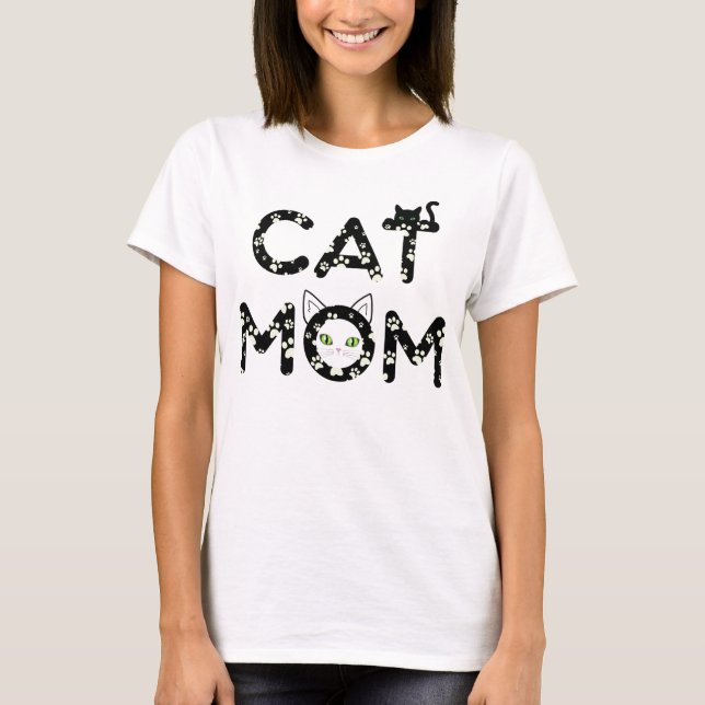Cute Cat Mum T-Shirt with Paw Prints & Kitty Face  (Front)
