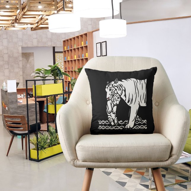 Cute Cat Mum Tiger Black White Jungle Throw Pillow (Creator Uploaded)
