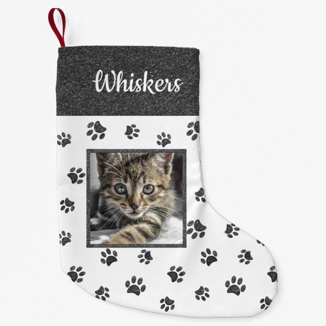 Cute Cat Name Photo Silver Glitter Paw Prints Small Christmas Stocking (Front)