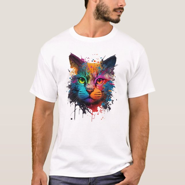 Cute Cat Neon Ink Splash T-Shirt (Front)