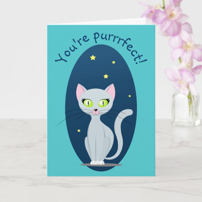 Cute Cat night sky Cartoon Funny text Custom colou Card (Orchid)