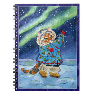 Cute cat, northern lights, winter Notebook
